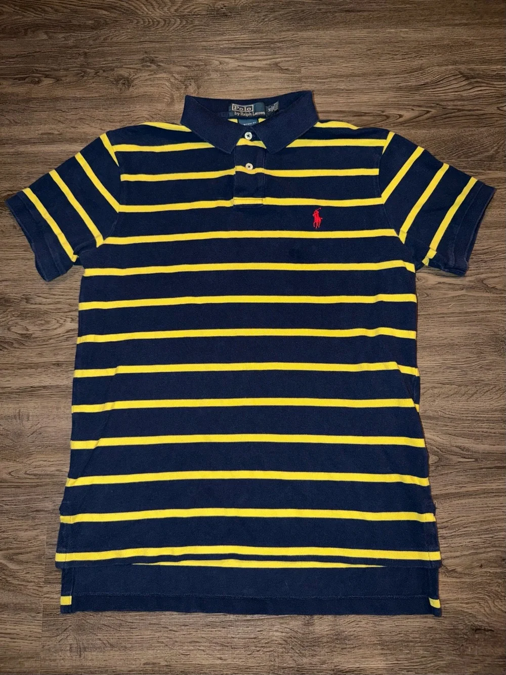Polo Ralph Lauren Men's Medium Blue Stripe Yellow Polo Short Sleeve Custom Fit